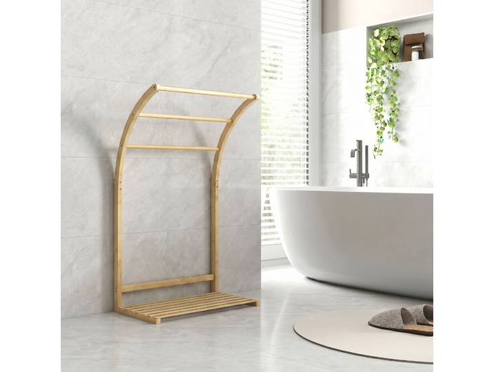 HOMCOM Porte-Serviettes Bambou 3 Barres avec Étagère Salle de Bain