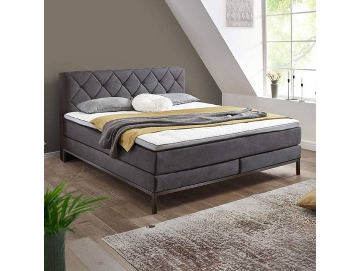 Boxspringbett Junis Strukturstoff 180x200cm Taschenfederkern-Box Härtegrad: H2/H3 Dunkelgrau modern