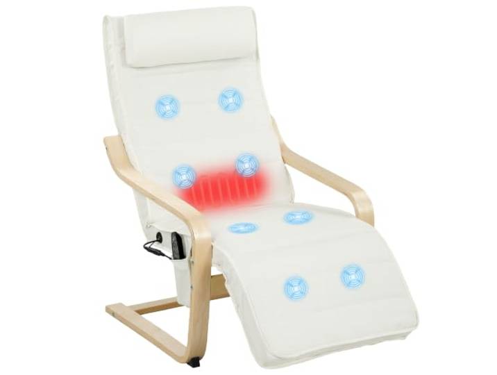 HOMCOM Sessel, Massage & Wärme, hohe Rückenlehne, Creme Kopfstütze, verstellbare Fußstütze, Fernbedienung, Seitentasche, Leinenoptik-Stoff, für Schlafzimmer & Wohnzimmer.