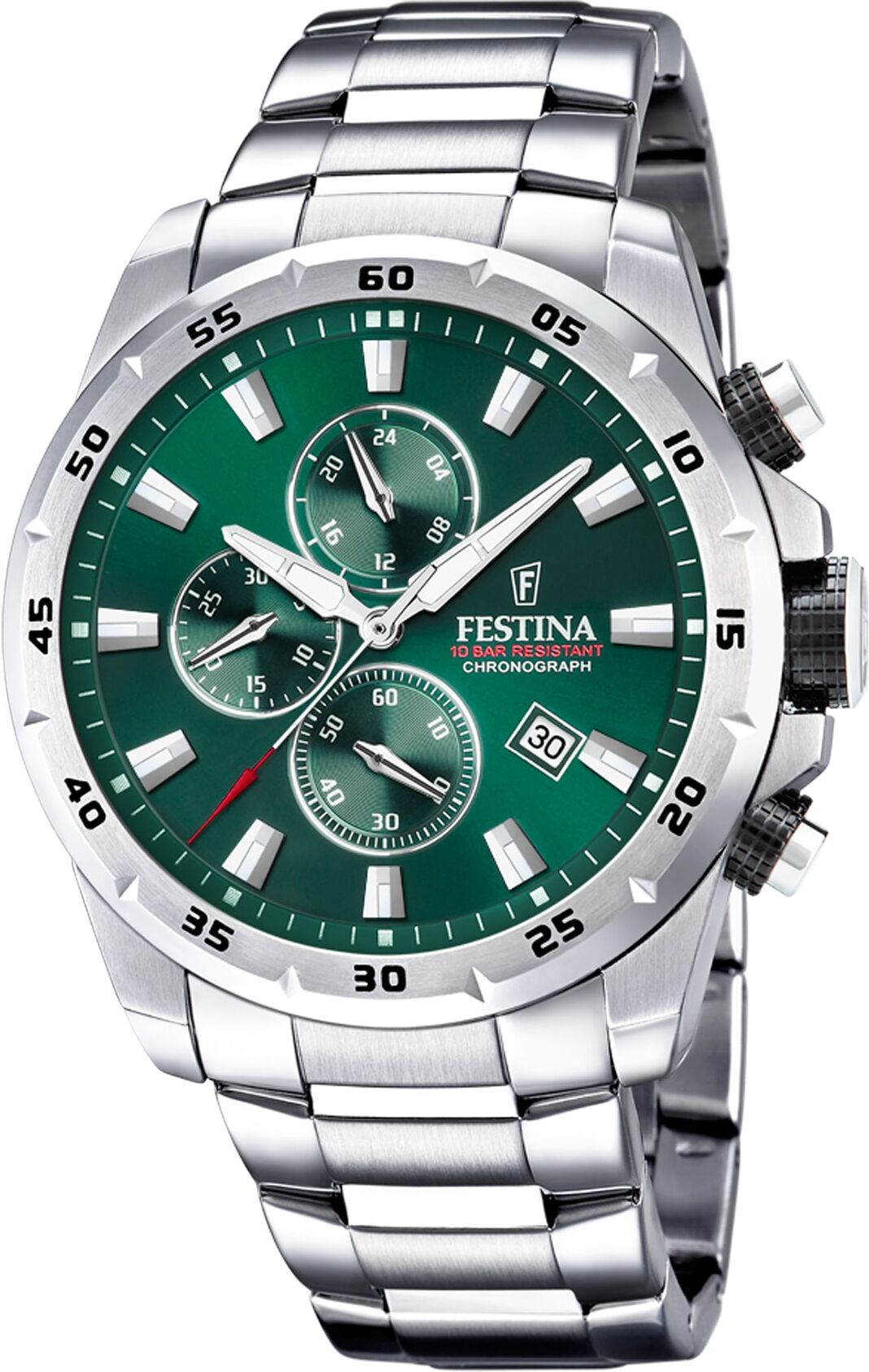 Chronograph FESTINA "Chronograph Sport", silber (silberfarben, grün, grün), Armbanduhren, Herren, silberfarben, Chronograph, Armbanduhr, Quarzuhr, Herrenuhr, Stoppfunktion, Edelstahlarmband