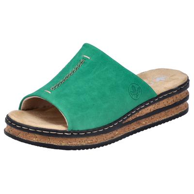 Pantolette RIEKER, Damen, Gr. 38, grün (smaragd), Lederimitat, Schuhe Pantolette, Keilabsatz, Sommerschuh, modische Keilsohle