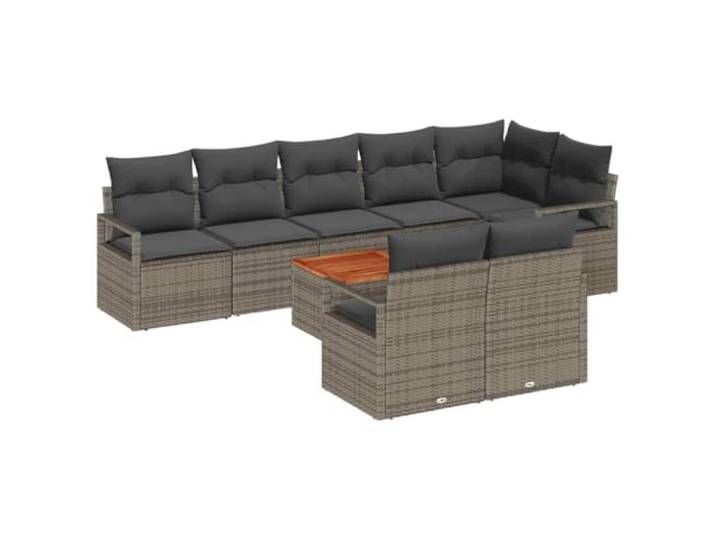 PUGYNBK Modulares Gartensofa, 9-teilig, graues Rattan Polyrattan und Akazienholz, 3 zentrale Sitze, 1 Eckregal, 4 Sessel, Tische inklusive