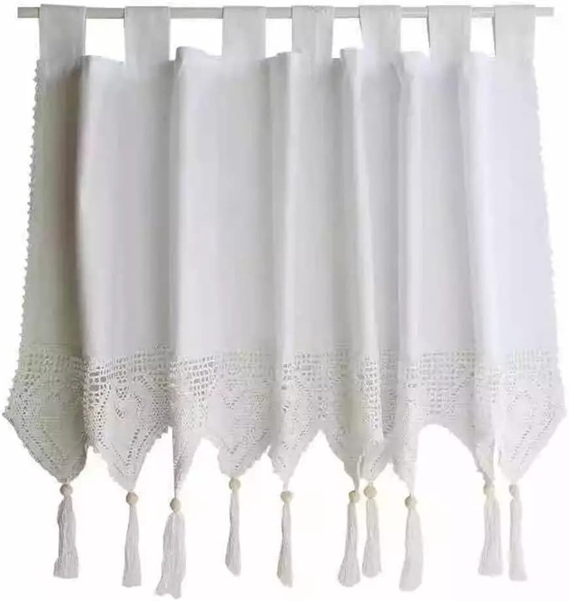 Wit katoenen linnen kort gordijn met gehaakt kant en kwastjes, multifunctioneel decoratief gordijn met bretels, Breedte: 150 cm, Hoogte: 45 cm