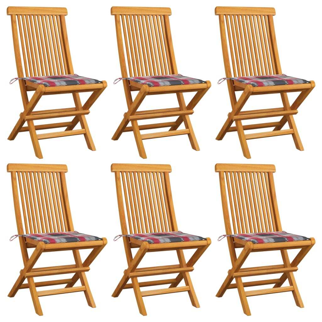 Klappstühle mit rot-karierten Kissen, 6-teilig, aus massivem Teakholz