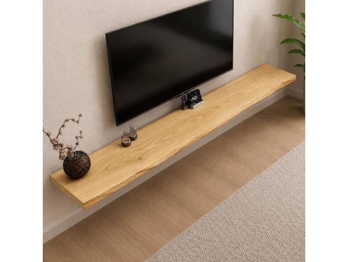 DMYKVJG Hängend TV-Regal Aus Massiv Holz, Konsole Live Edge TV-Schrank 1,8'' Dicke Tv Board Hängend, Medienkonsole Im Alten Stil For Wohnzimmer Und Schlafzimmer(Natural,86.6''x13.8''/220x35cm)