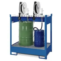 Öl-Abgabestation mit Wanne für 2 Fässer, 2xDruckluftpumpe, Schlauchaufroller 10m,Zapfpistole,Zähler