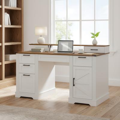 Kodotan sofa "59"" Farmhouse Office Desk With Charging Station & Storage Cabinet, Barn Door Design Home Office Study Desk with File Drawer"
