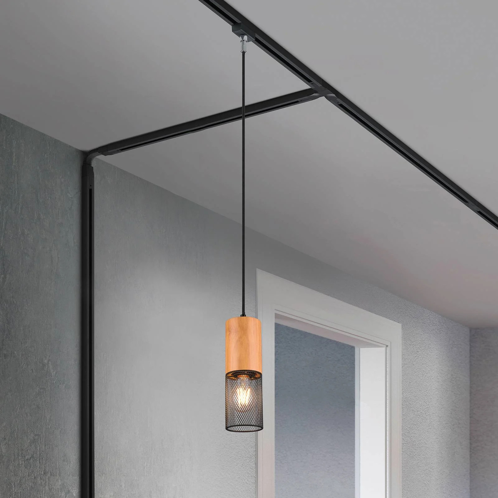 Trio Lighting DUOline Tosh hanglamp voor railverlichting, zwart en hout, modern design