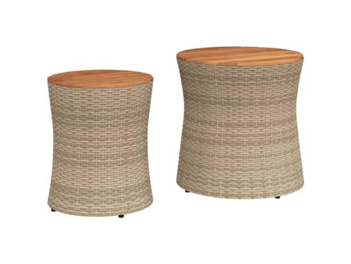 POUFGDR Beistelltische für den Garten, 2-teilig, Polyratan, Beige Tischplatte aus Akazienholz, Rahmen aus Stahl, wetterfest, platzsparend, für Terrasse