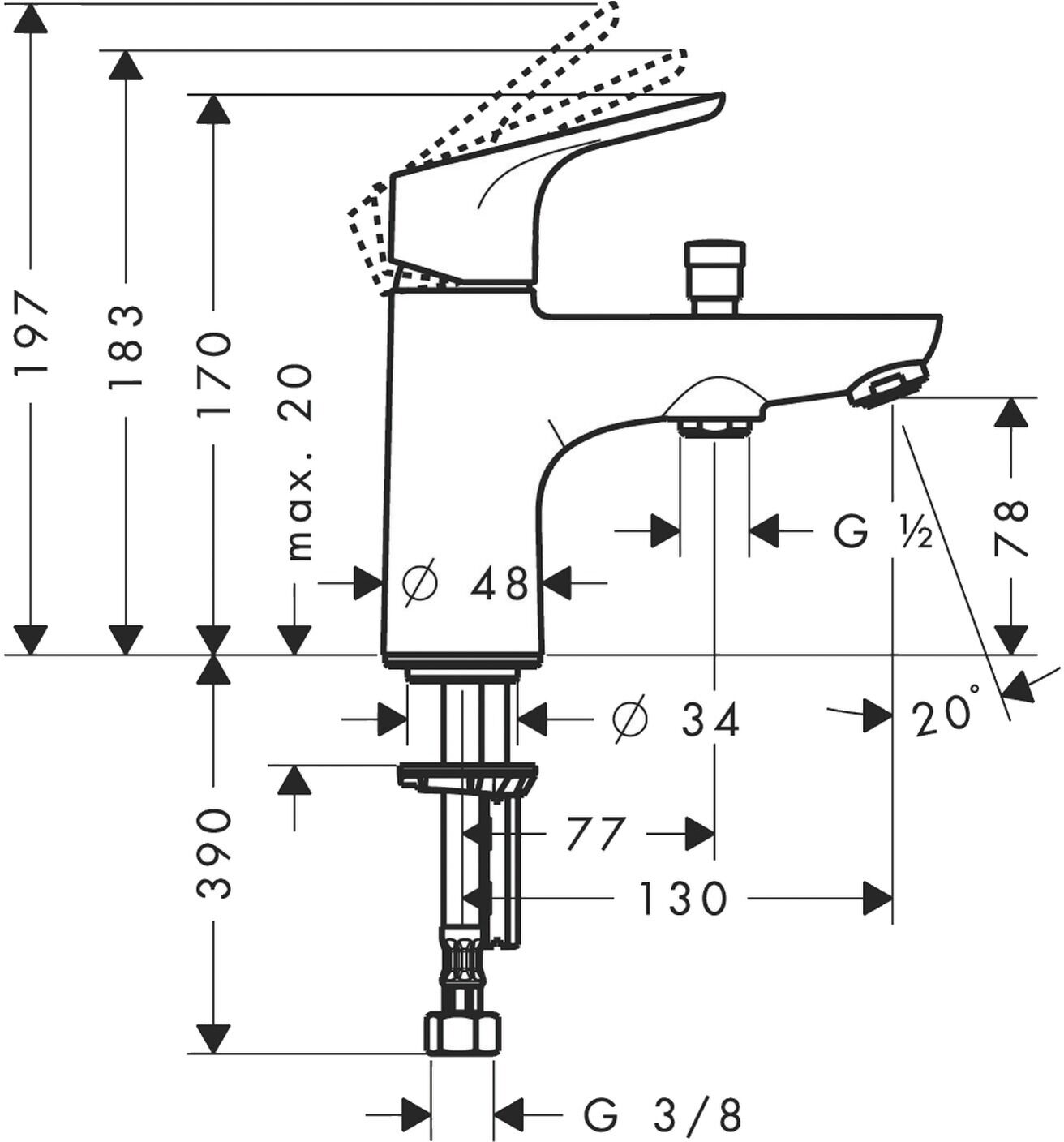 Mitigeur baindouche monotrou FOCUS cartouche à 2 vitesses HANSGROHE 31938000