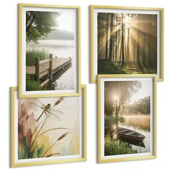 BILDER SET 4er Set - 50x50 cm & 40x60 cm Goldrahmen - See, Wald, Boot, Morgennebel