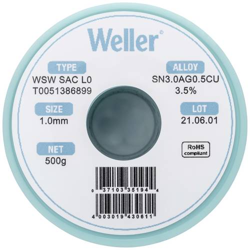 Weller WSW SAC L0 Lötzinn, bleifrei Spule Sn3,0Ag0,5Cu 500g 1mm