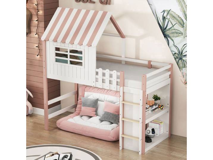 Lit enfant 90x200 cm lit simple pour garçons et filles lit pour la maison forme de toit avec barrières de sécurité et r