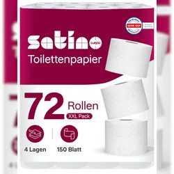 72 Rollen Toilettenpapier 4lagig – super soft dank 100% Zellstoff - Made in Germany - 150 Blatt pro Rolle – 9 Pack mit je 8 Rollen - Satino