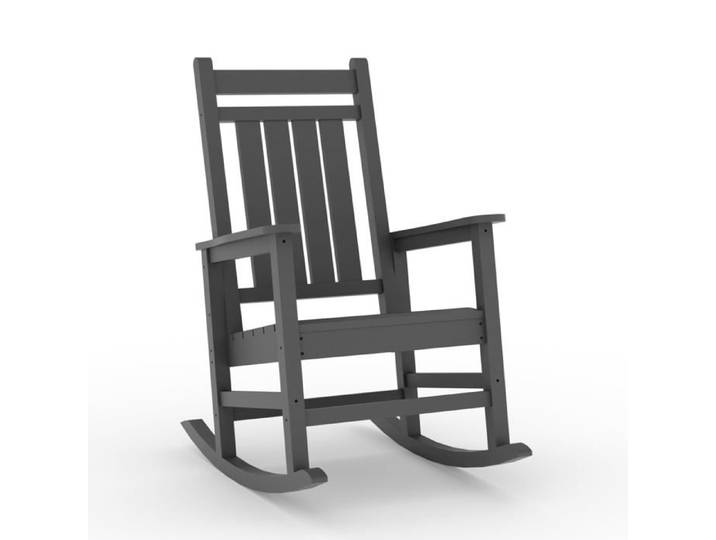 Grand fauteuil à bascule extérieur gris en HDPE plastique tous temps haut dossier chaise robuste pour porche terrasse