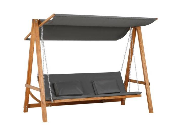 Balancelle de Jardin 3 Places avec Fonction Lit Balancelle Convertible avec Toit Bois de Pin Gris et Teck 225 5x113x180 cm
