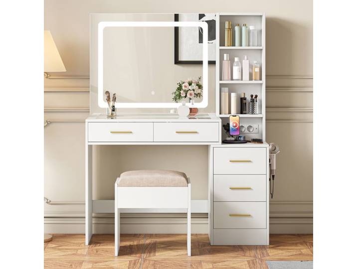 Coiffeuse - ADWOLT - ADWOLT - Miroir LED 3 couleurs - USB & porte-sèche-cheveux - 5 tiroirs