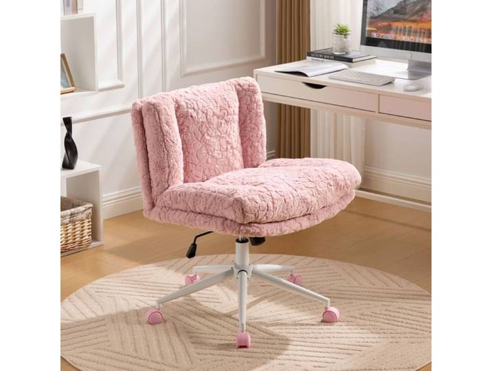 W26.4 inch Chaise de bureau plus large Cheveux artificiels de lapin Chaise de bureau à la maison avec base en métal Rose