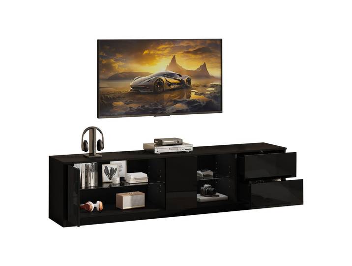Flieks Tv-Lowboard 160x40x52 cm Hochglanz Schwarz LED für 65 TV, 40x52x160 cm, Wohnzimmer, TV Möbel, Lowboards, Lowboards stehend