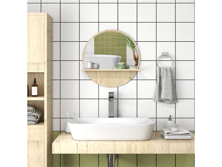 kleankin Miroir Rond Salle de Bain Ø45cm avec Étagère Rangement