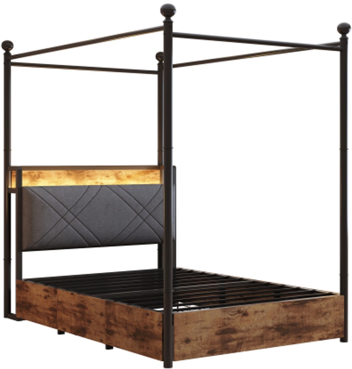 Multifunctioneel eenpersoonsbed met ijzeren baldakijn, opbergruimte en LED-verlichting, Zwart, B/D: 90 x 190 cm