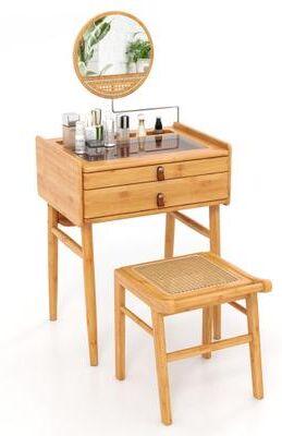 Costway Bamboo Makeup Vanity Table with Stool and Rotating Mirror
