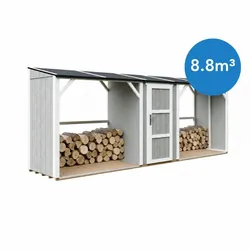 BRENNHOLZLAGER doppelt mit Geräteraum 6,49 m2, zwei Brennholzbereiche mit insgesamt ~8,8 m3 Fassungsvermögen
