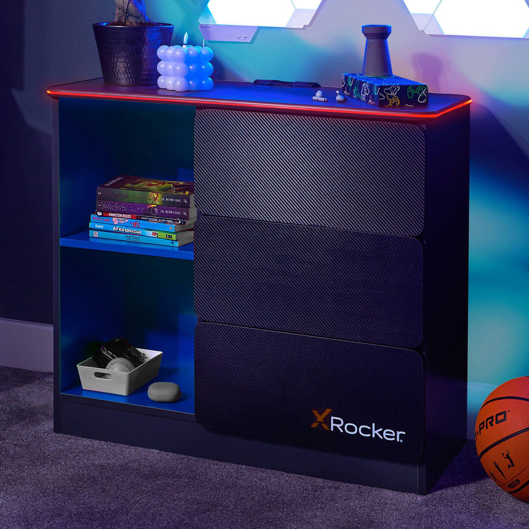 X Rocker Carbon-Tek LED Chest of 3 Drawers - White RGB Grey/Blue 70.5cm H X 34cm W X 79cm D