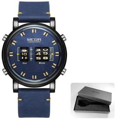 Inspire Select MEGIR 2137 Military Sport Roller Pointer Men's Quartz Watch With Leather Strap blue Box