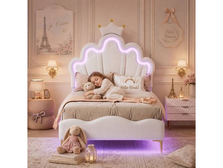 Lit princesse fille 90x200cm PU blanc rembourré tête ajustable sommier latté lit enfant adolescent
