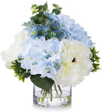 Enova Home Artificial Mixed Silk Peony and Hydrangea Fake Flowers Arrangement in Clear Glass Vase for Home Decor (Cream Blue)