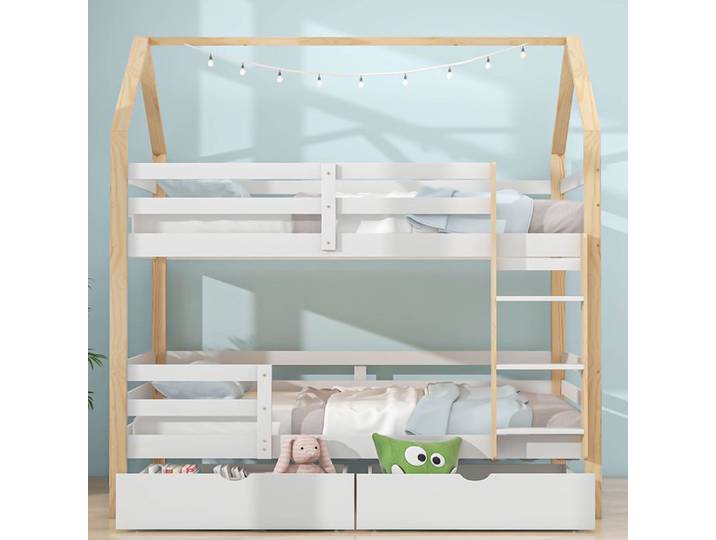 Lit superposé cabane SWEIKO - 90x200 cm - Bois massif - Espace de rangement