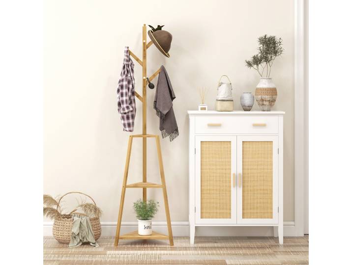 HOMCOM Portemanteau Bambou 8 Patères 3 Étagères 175cm Naturel