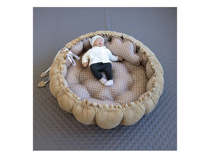 Loolay Bettnestchen Zweiseitig ENGELSNEST XXL Premium WAFFELPIQUE + Decke + Kissen, (XXL Babykokon als Nestchen Ø90cm und als Krabbeldecke Ø155cm + KISSEN + DECKE, 2-tlg., BRAUN Punkte TAUPE Waffel BABYNEST Spielmatte Reisebett Spielunterlage), PREMIUM AUSSTATTUNG - 100% Europäische Baumwolle und Nähen!