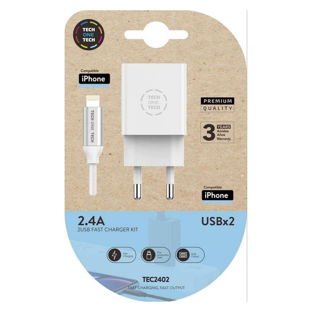 Tech One Tech Wand-Ladegerät + Lightning-Kabel MFI Double Lightning (20 W, 2 Ports) (45363429)