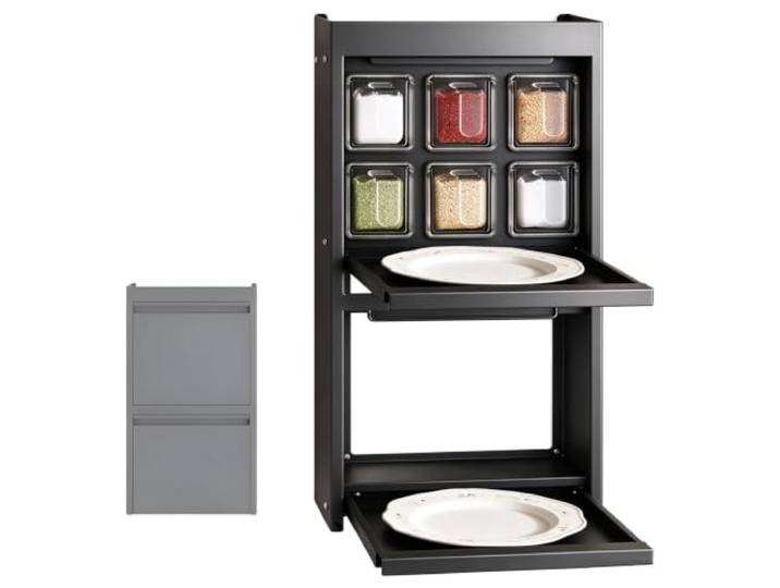 Küchen Hängeschrank, Klapptür, 6 Gewürzbehälter, Wandschrank Hängend Küchenhängeschränke, Kohlenstoffstahl, Griffmulde, Montage ohne Bohren, Geeignet für Feuchte Küchenumgebungen(Gray)