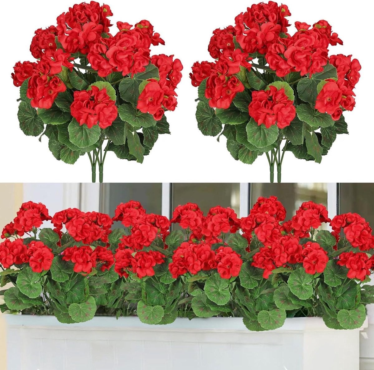 4 bundels rode kunstbloemen geraniums van zijde voor buiten decoratie, UV-bestendig