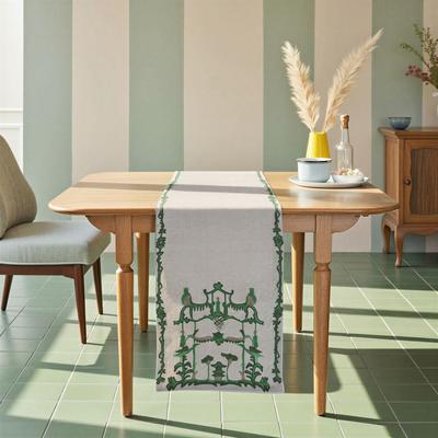 Storied Home "Woven Cotton Slub Printed Table Runner with Embroidery - 72.0""L x 14.0""W x 0.25""H"