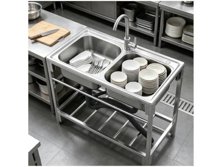 Double Bowl Stainless Steel Prep Sink Freestanding Commercial Utility Sink with 360° Swivel Faucet, Indoor Outdoor