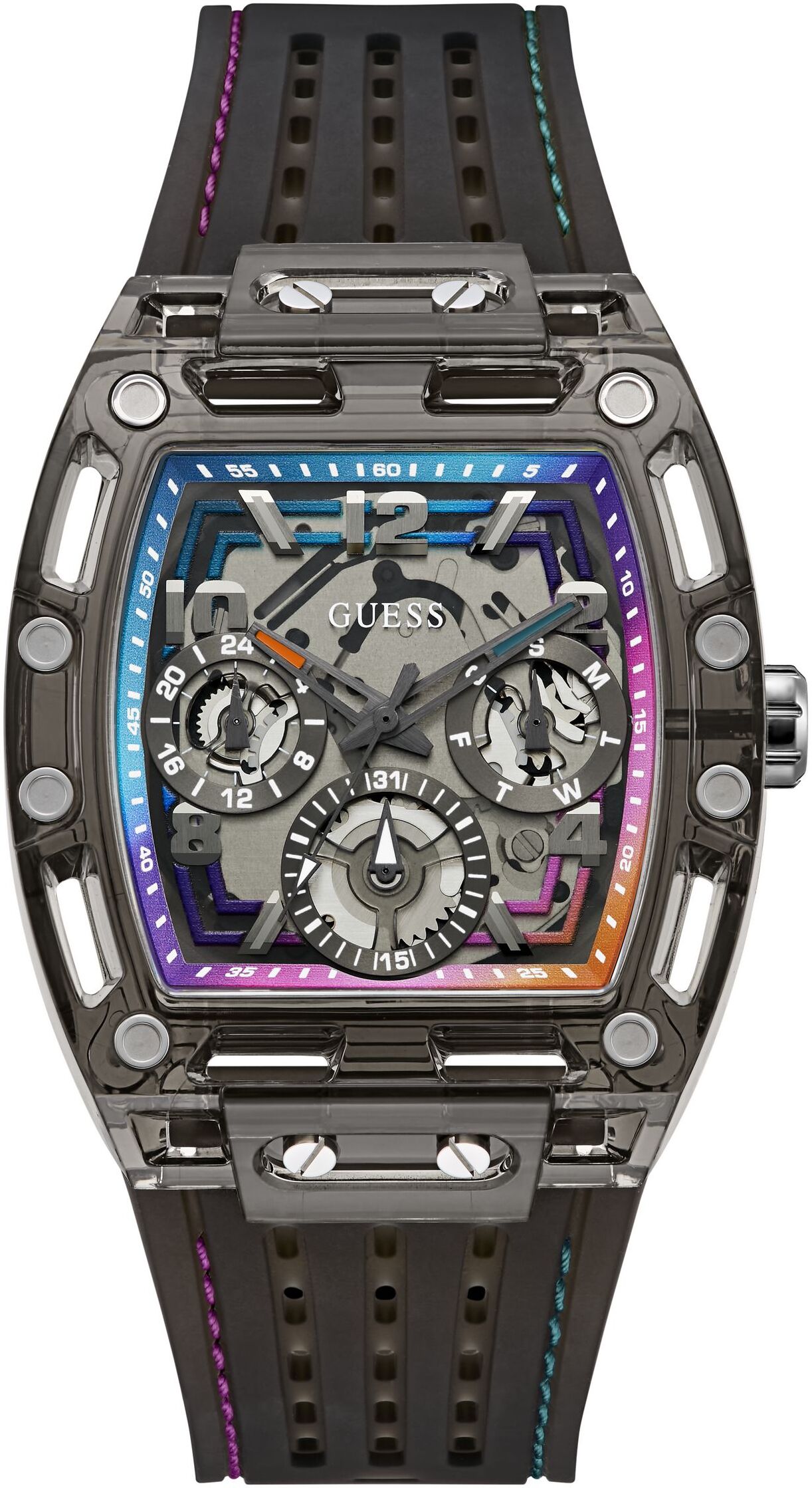Multifunktionsuhr GUESS "PHOENIX", bunt (schwarz, bunt, bunt), Armbanduhren, Herren, schwarz, Multifunktionsuhr, Quarzuhr, Armbanduhr, Herrenuhr, Silikonarmband, analog, Wochentag