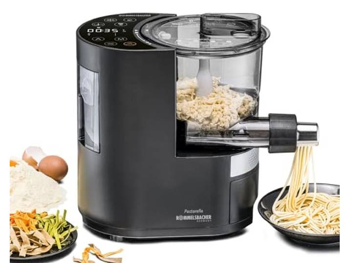 ROMMELSBACHER Elektrische Nudelmaschine PM 220 – bis zu 800 g frische Pasta, integrierte Waage, gesteuerte Wasserzufuhr, 6 vollautomatische Programme, Edelstahl Pressschnecke, 7 Nudelformen, Lüfter