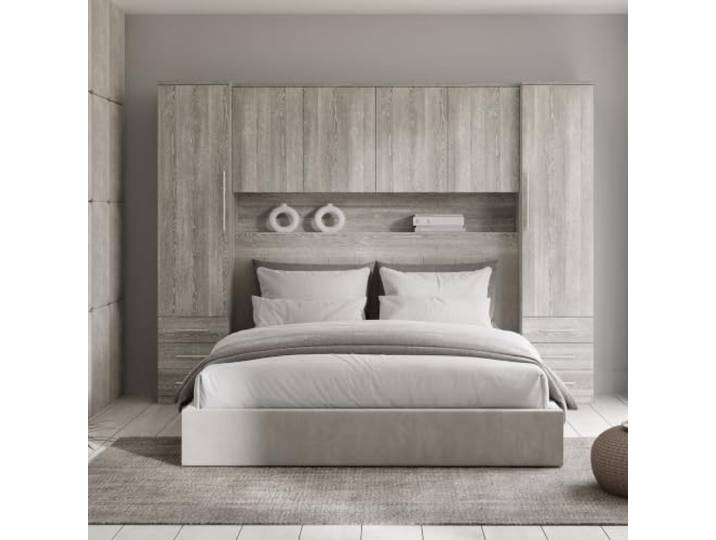 Forte Prague Bettüberbau 240, Moderne Stauraumlösung, für 160 cm Bett, 6-türig, 4 Schubladen, Ablage, Holzwerkstoff, Grauer Holzdekor, 241,7 cm breit x 197,4 cm hoch x 52,7 cm tief
