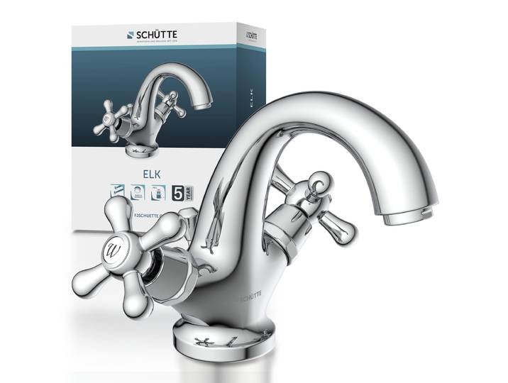 SCHÜTTE ELK Waschtischarmatur mit Zugstange, Wasserhahn Bad mit Ablaufgarnitur Waschbecken, Chrom