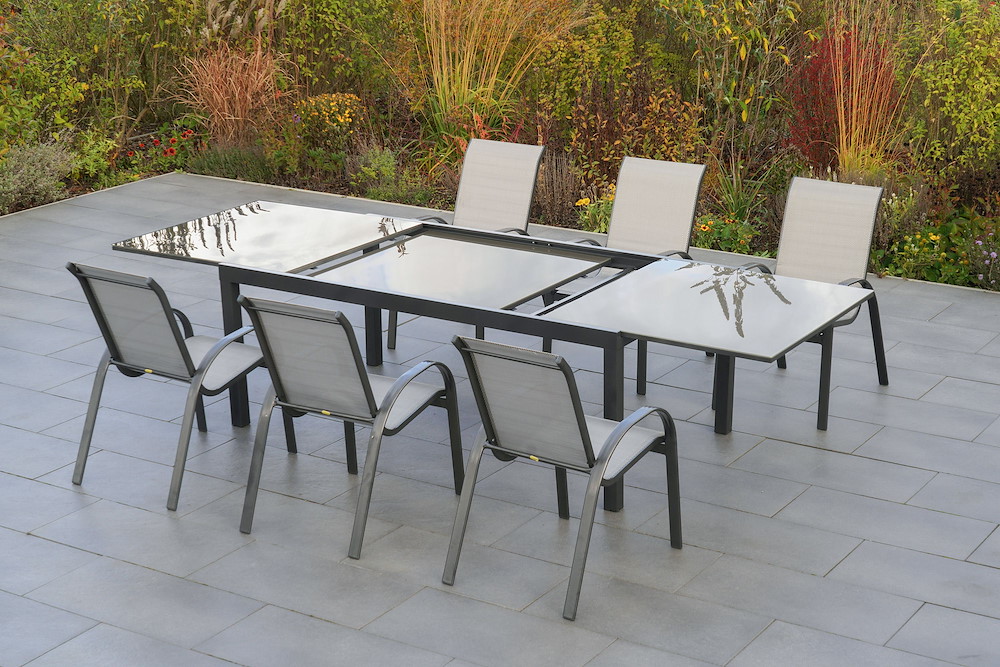 MERXXHANDELS Amalfi Set 7tlg 6 Sessel Tisch 200(300)x110cm Alu/Text 16946431