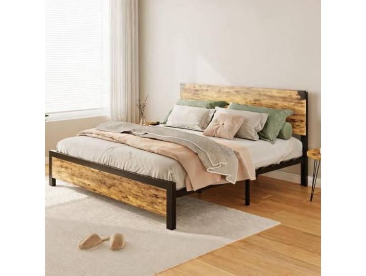 Techigher Rustikal braunes Kingsize-Holzbettgestell Kopfteil & Stauraum unter dem Bett