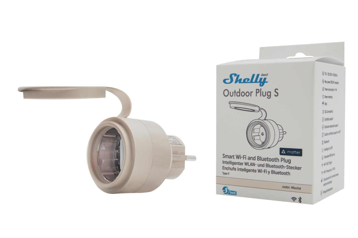 Shelly Plug & Play Outdoor Plug S Gen3 Zwischenstecker für draußen Shelly_O_Plug_S_Gen3_w