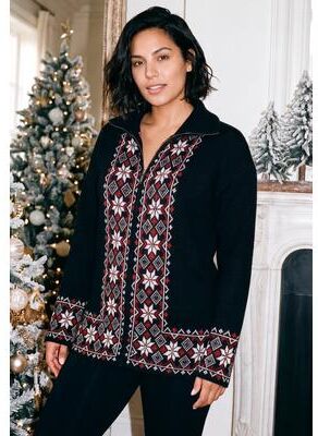 Plus Size Women's Fairisle Zip Front Cardigan by Avenue in Black Fairisle Border (Size 14)