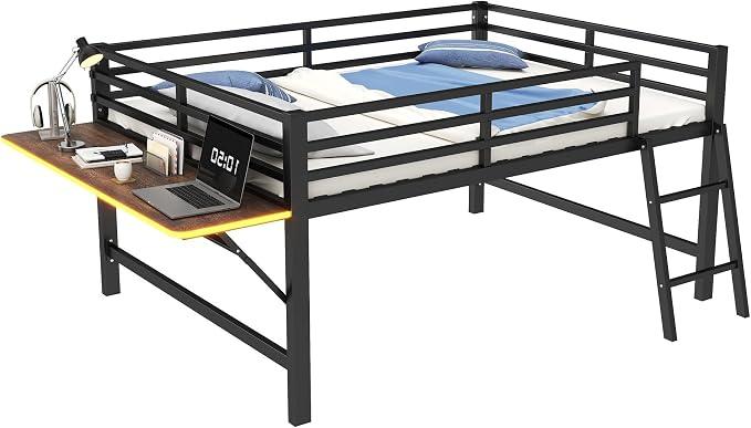 Hochbett mit LED-Beleuchtung, Schreibtisch, Rausfallschutz, Leiter und Lattenrost, Kinderbett, Metallbett, Jugendbett (schwarz, 140x200 cm)