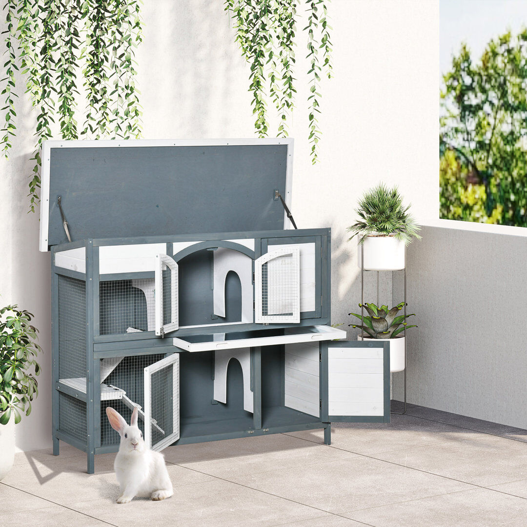 PawHut Rabbit Hutch Guinea Pig Hutch 2-Tier Wooden Cage with Ramp Roof Grey Outdoor eco-friendly water paint 254cm H X 121.92cm W X 317.5cm D