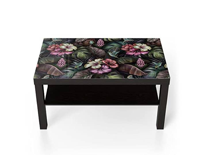 DEQORI Glastisch schwarz groß 90x50 cm Motiv Blüten, Blätter und Vögel ausgefallener Beistelltisch aus Glas Hochglanz Couchtisch fürs Wohnzimmer moderner Couch Tisch mit Design